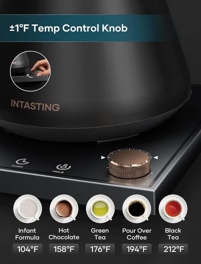 Alt view image 3 of 7 - Electric Kettles, Gooseneck Electric Kettle, ±1 Temperature Control, Stainless Steel Inner, Quick Heating, for Pour Over Coffee, Brew Tea, Boil Hot Water, 0.9L Black