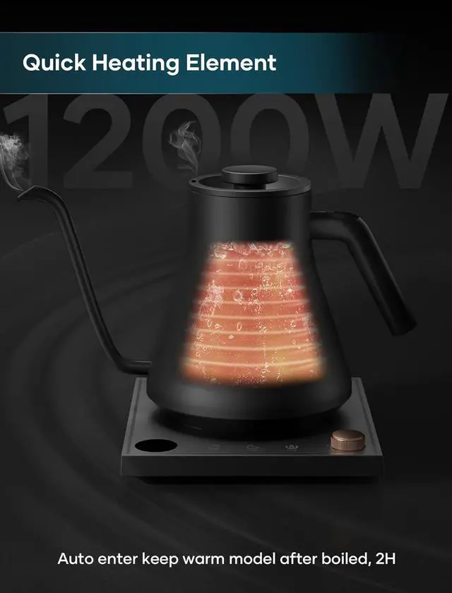 Alt view image 5 of 7 - Electric Kettles, Gooseneck Electric Kettle, ±1 Temperature Control, Stainless Steel Inner, Quick Heating, for Pour Over Coffee, Brew Tea, Boil Hot Water, 0.9L Black