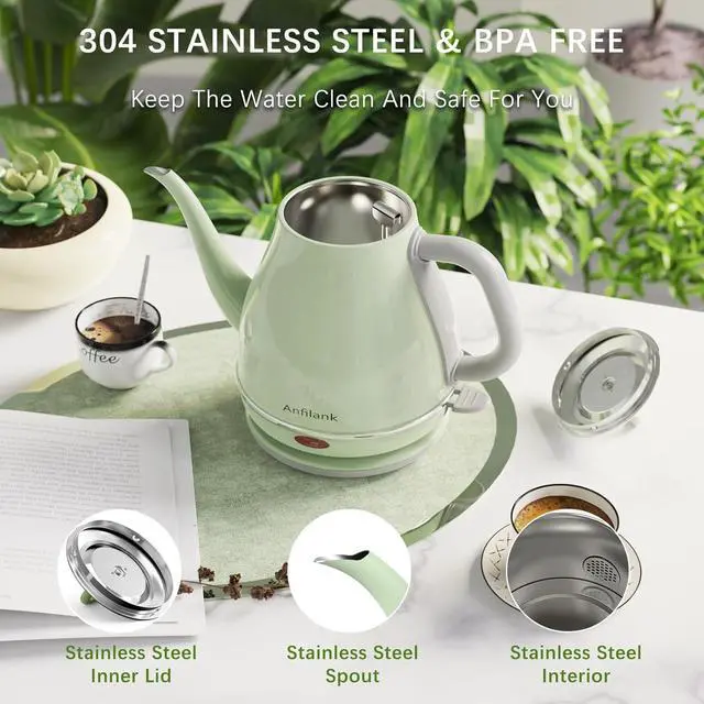 Alt view image 4 of 7 - Electric Gooseneck Kettle, 1L 1500WFast Boil, 100% Stainless Steel BPA Free Pour-Over Coffee & Tea Kettle,Water Boiler with Auto Shut & Boil-Dry Protectio,Green