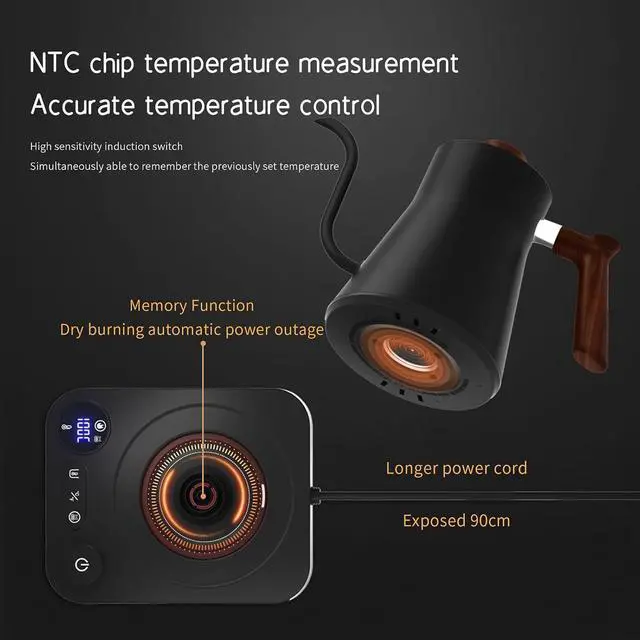 Alt view image 3 of 7 - Gooseneck Electric Kettle,Electric Kettles, ±1 Temperature Control, Ultra-Quiet 304 Stainless Steel, for Coffee, Tea & Milk, Auto Boil Detection, 8 Safety Protections & Memory Function(Black0.9L)