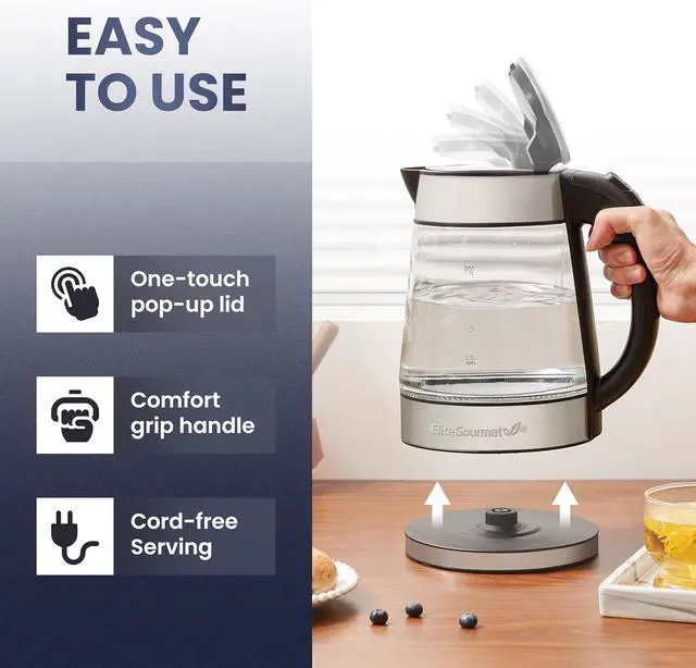 Alt view image 4 of 7 - Elite Gourmet EKT-602 Electric BPA-Free Glass Kettle, Cordless 360° Base, Stylish Blue LED Interior, Handy Auto Shut-Off Function  Quickly Boil Water For Tea & More