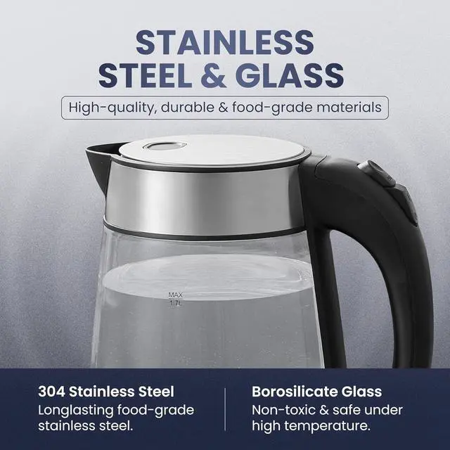 Alt view image 5 of 7 - Elite Gourmet EKT-602 Electric BPA-Free Glass Kettle, Cordless 360° Base, Stylish Blue LED Interior, Handy Auto Shut-Off Function  Quickly Boil Water For Tea & More
