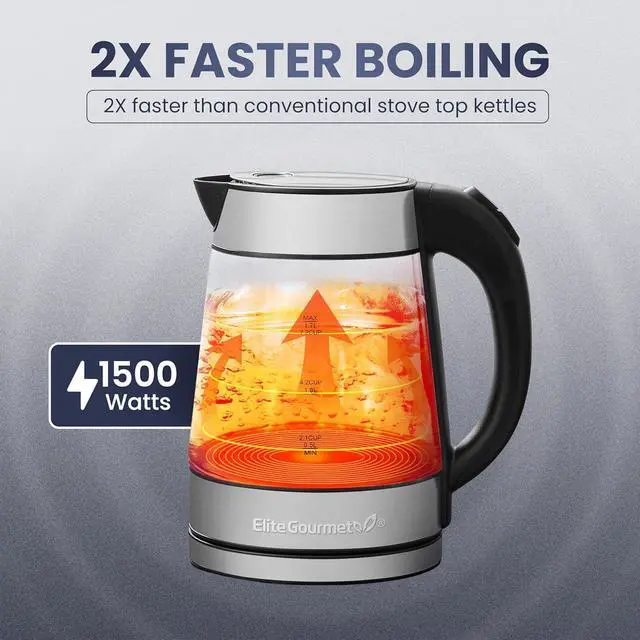Alt view image 3 of 7 - Elite Gourmet EKT-602 Electric BPA-Free Glass Kettle, Cordless 360° Base, Stylish Blue LED Interior, Handy Auto Shut-Off Function  Quickly Boil Water For Tea & More