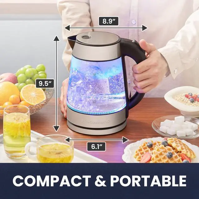 Alt view image 6 of 7 - Elite Gourmet EKT-602 Electric BPA-Free Glass Kettle, Cordless 360° Base, Stylish Blue LED Interior, Handy Auto Shut-Off Function  Quickly Boil Water For Tea & More