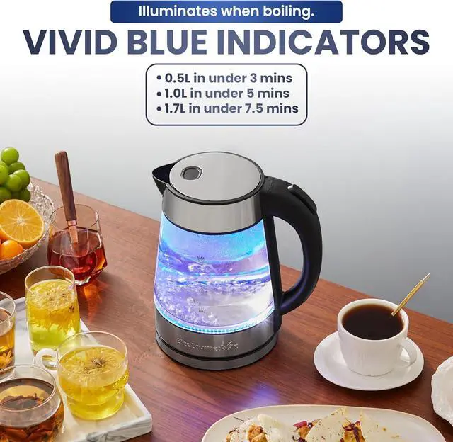 Alt view image 7 of 7 - Elite Gourmet EKT-602 Electric BPA-Free Glass Kettle, Cordless 360° Base, Stylish Blue LED Interior, Handy Auto Shut-Off Function  Quickly Boil Water For Tea & More