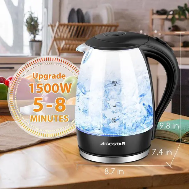 Alt view image 2 of 7 - Aigostar Electric Kettle, 1500W Cordless Electric Tea and Hot Water Kettle with Filter, LED Illuminated, High Borosilicate Glass, No BPA, Auto Shutoff, Boil-Dry Protection, 360° Base, 1.7 Liter