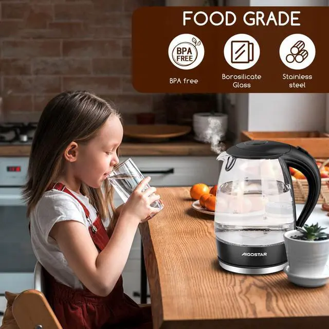 Alt view image 3 of 7 - Aigostar Electric Kettle, 1500W Cordless Electric Tea and Hot Water Kettle with Filter, LED Illuminated, High Borosilicate Glass, No BPA, Auto Shutoff, Boil-Dry Protection, 360° Base, 1.7 Liter