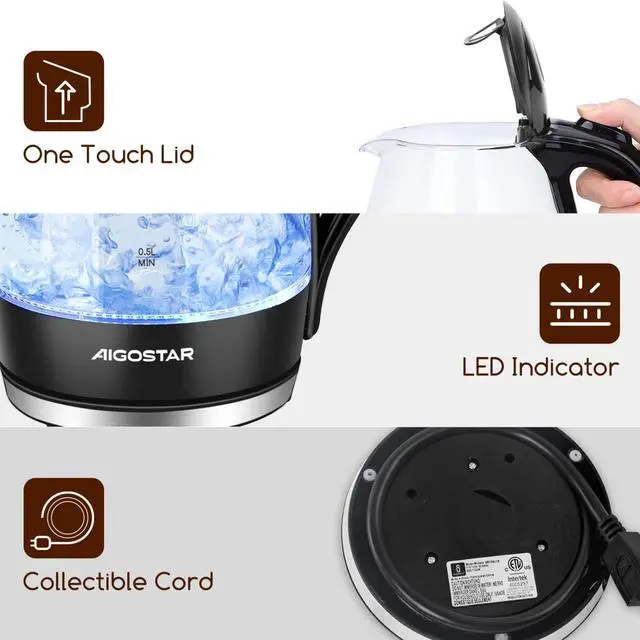 Alt view image 6 of 7 - Aigostar Electric Kettle, 1500W Cordless Electric Tea and Hot Water Kettle with Filter, LED Illuminated, High Borosilicate Glass, No BPA, Auto Shutoff, Boil-Dry Protection, 360° Base, 1.7 Liter