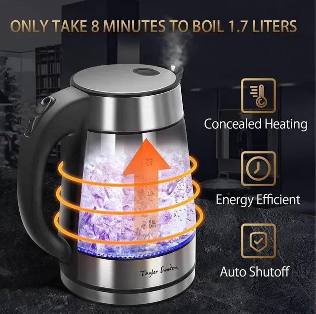 Alt view image 4 of 7 - Taylor Swoden Glass Hot Water Kettle Electric for Tea and Coffee 1.7 Liter Fast Boiling Electric Kettle Cordless Water Boiler with Auto Shutoff & Boil Dry Protection