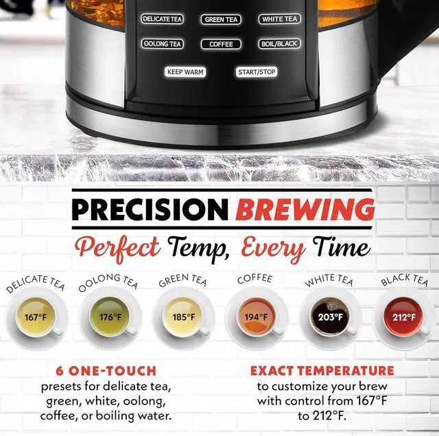 Alt view image 3 of 7 - Gourmia Electric Programmable Glass Kettle  1.7L Temperature Control Tea & Coffee Kettle with Digital Touch Display, 6 Presets, Keep Warm, Removable Stainless Steel Infuser, 360° Swivel Base  Red