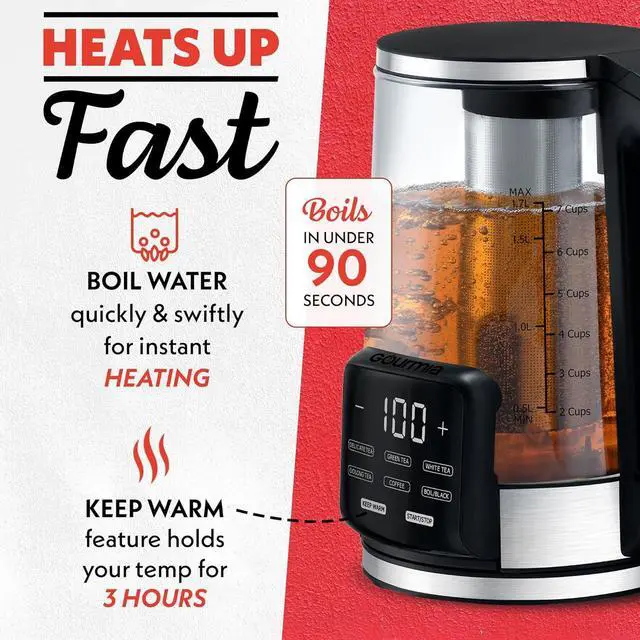 Alt view image 5 of 7 - Gourmia Electric Programmable Glass Kettle  1.7L Temperature Control Tea & Coffee Kettle with Digital Touch Display, 6 Presets, Keep Warm, Removable Stainless Steel Infuser, 360° Swivel Base  Red