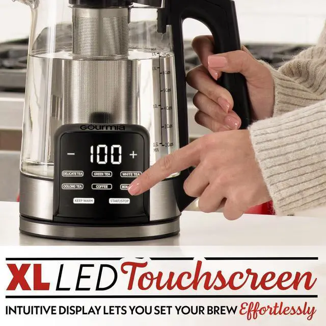 Alt view image 6 of 7 - Gourmia Electric Programmable Glass Kettle  1.7L Temperature Control Tea & Coffee Kettle with Digital Touch Display, 6 Presets, Keep Warm, Removable Stainless Steel Infuser, 360° Swivel Base  Red