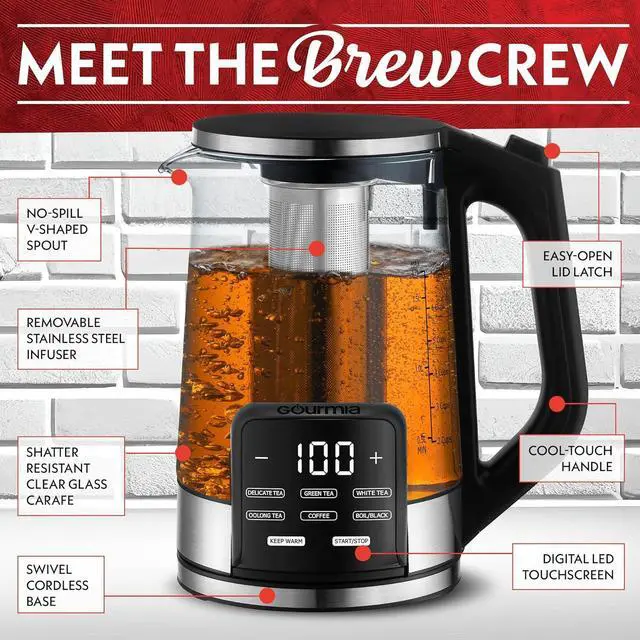 Alt view image 7 of 7 - Gourmia Electric Programmable Glass Kettle  1.7L Temperature Control Tea & Coffee Kettle with Digital Touch Display, 6 Presets, Keep Warm, Removable Stainless Steel Infuser, 360° Swivel Base  Red
