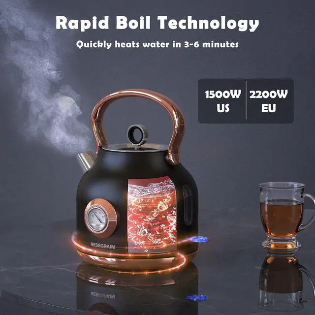 Alt view image 2 of 7 - Retro Electric Kettle, 1.7L Stainless Steel Tea Kettle with Large Temperature Gauge, 1500W Fast Heating Hot Water Boiler with LED Indicator, Auto Shut-off & Boil-Dry Protection-Reteo Black