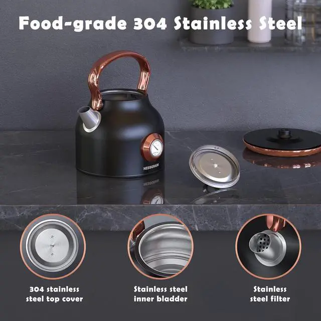 Alt view image 6 of 7 - Retro Electric Kettle, 1.7L Stainless Steel Tea Kettle with Large Temperature Gauge, 1500W Fast Heating Hot Water Boiler with LED Indicator, Auto Shut-off & Boil-Dry Protection-Reteo Black