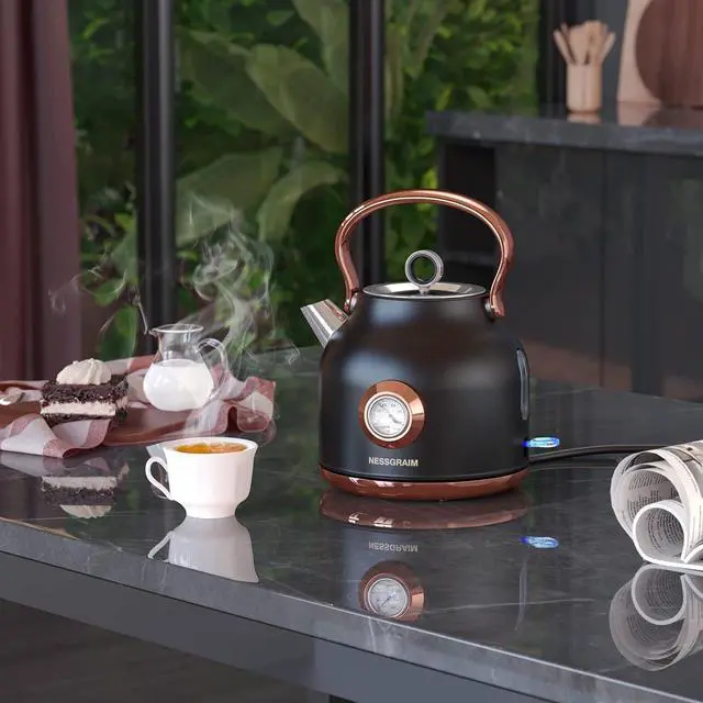 Alt view image 7 of 7 - Retro Electric Kettle, 1.7L Stainless Steel Tea Kettle with Large Temperature Gauge, 1500W Fast Heating Hot Water Boiler with LED Indicator, Auto Shut-off & Boil-Dry Protection-Reteo Black