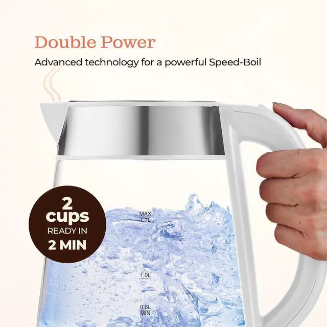 Alt view image 4 of 7 - Speed-Boil Water Electric Kettle, 1.7L 1500W, Coffee & Tea Kettle Borosilicate Glass, Water Boiler, Auto Shut-Off, Cool Touch Handle, Base Detachable, LED. 360° Rotation, Boil Dry Protection (White)