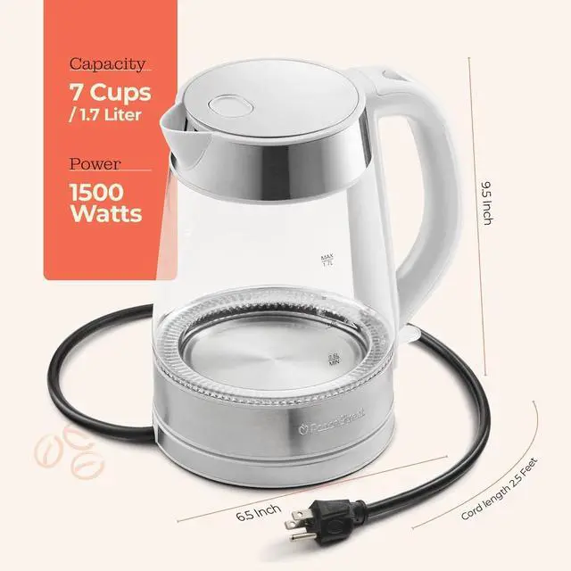 Alt view image 7 of 7 - Speed-Boil Water Electric Kettle, 1.7L 1500W, Coffee & Tea Kettle Borosilicate Glass, Water Boiler, Auto Shut-Off, Cool Touch Handle, Base Detachable, LED. 360° Rotation, Boil Dry Protection (White)