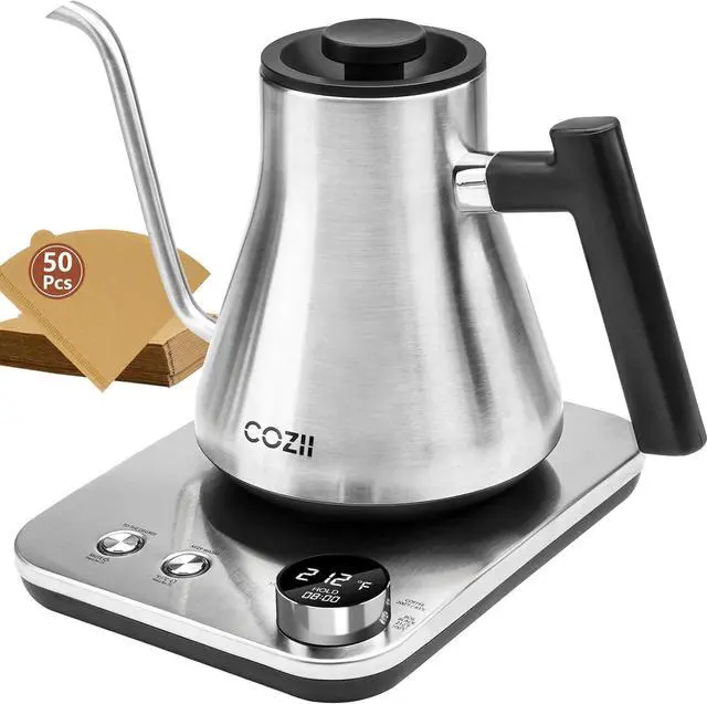 Main image of COZII Gooseneck Electric Kettle,5 Presets & ±1 Temperature Control 1200W Quick Heating Water Boiler for Coffee/Tea, 24H Keep Warm, Auto Shut Off Pour Over Kettle with 50pcs Coffee Filter,0.9L Silver