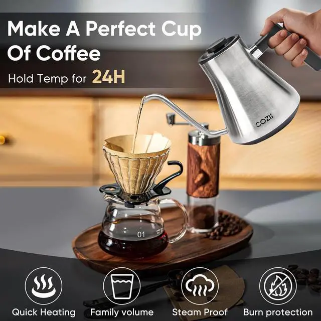 Alt view image 4 of 7 - COZII Gooseneck Electric Kettle,5 Presets & ±1 Temperature Control 1200W Quick Heating Water Boiler for Coffee/Tea, 24H Keep Warm, Auto Shut Off Pour Over Kettle with 50pcs Coffee Filter,0.9L Silver