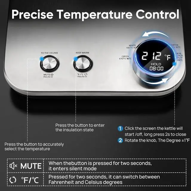 Alt view image 6 of 7 - COZII Gooseneck Electric Kettle,5 Presets & ±1 Temperature Control 1200W Quick Heating Water Boiler for Coffee/Tea, 24H Keep Warm, Auto Shut Off Pour Over Kettle with 50pcs Coffee Filter,0.9L Silver