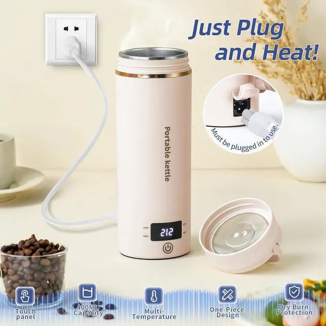Alt view image 2 of 7 - Travel Electric Kettle Portable Mini Kettle,Small Hot Water Boiler with 4 Temperature Settings,304 Stainless Steel,Fast Boiling Water with Auto Shut-Off and Boil Dry Protection,400ml (Beige, 400ML)