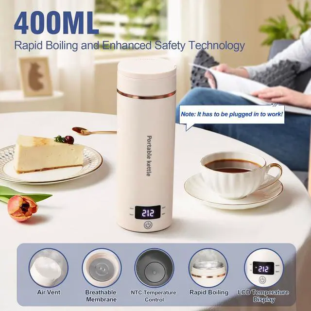 Alt view image 3 of 7 - Travel Electric Kettle Portable Mini Kettle,Small Hot Water Boiler with 4 Temperature Settings,304 Stainless Steel,Fast Boiling Water with Auto Shut-Off and Boil Dry Protection,400ml (Beige, 400ML)