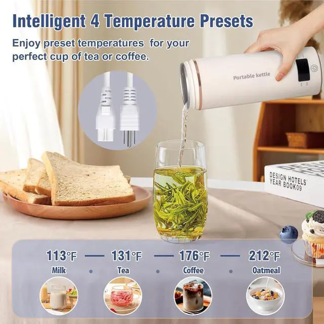 Alt view image 4 of 7 - Travel Electric Kettle Portable Mini Kettle,Small Hot Water Boiler with 4 Temperature Settings,304 Stainless Steel,Fast Boiling Water with Auto Shut-Off and Boil Dry Protection,400ml (Beige, 400ML)