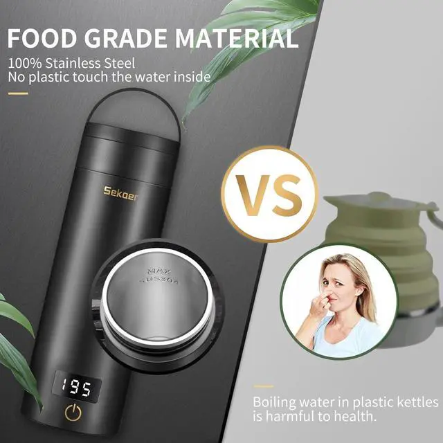 Alt view image 4 of 7 - Sekaer Travel Electric Tea Kettle Portable Small Mini Coffee Kettle, with 4 Variable Presets, Personal Hot Water Boiler 304 Stainless Steel with Auto Shut-Off & Boil Dry Protection, SY-618B