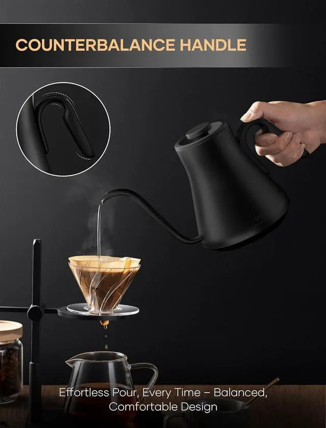 Alt view image 2 of 7 - Electric Kettle, Gooseneck Electric Kettle, ±1 Temperature Control, Stainless Steel Inner, Quick Heating, for Pour Over Coffee, Brew Tea, Boil Hot Water, 1500W/0.9L Black