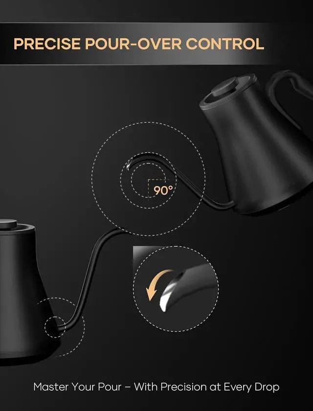 Alt view image 3 of 7 - Electric Kettle, Gooseneck Electric Kettle, ±1 Temperature Control, Stainless Steel Inner, Quick Heating, for Pour Over Coffee, Brew Tea, Boil Hot Water, 1500W/0.9L Black