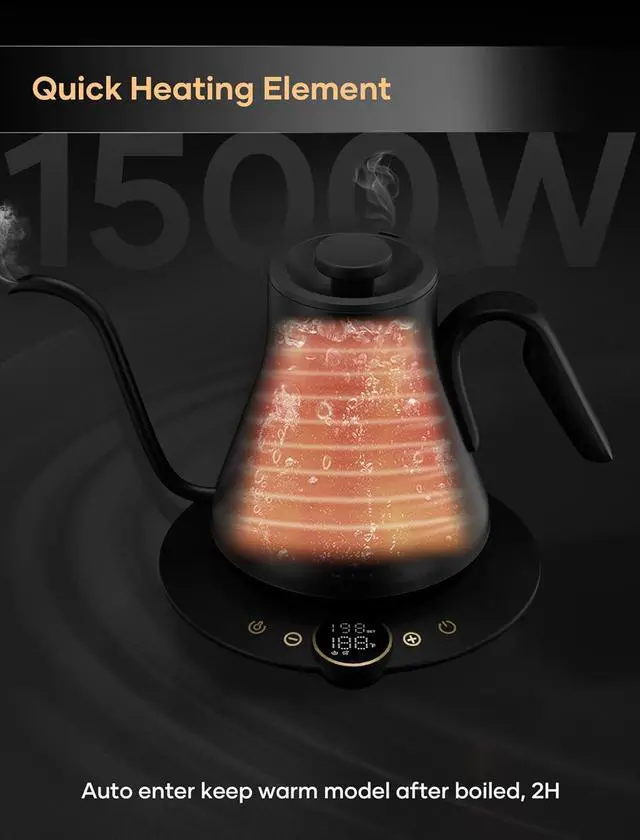 Alt view image 5 of 7 - Electric Kettle, Gooseneck Electric Kettle, ±1 Temperature Control, Stainless Steel Inner, Quick Heating, for Pour Over Coffee, Brew Tea, Boil Hot Water, 1500W/0.9L Black