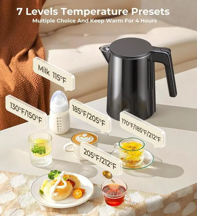 Alt view image 4 of 7 - Electric Kettle, Double Wall Stainless Steel Cool Touch Water Boiler Heater, 7 Temperature Control Teapot, 4H Keep Warm, 1.0L 1200W Fast Heat with Auto Shut-Off, Boil-Dry Proof Coffee Tea Pot, Black