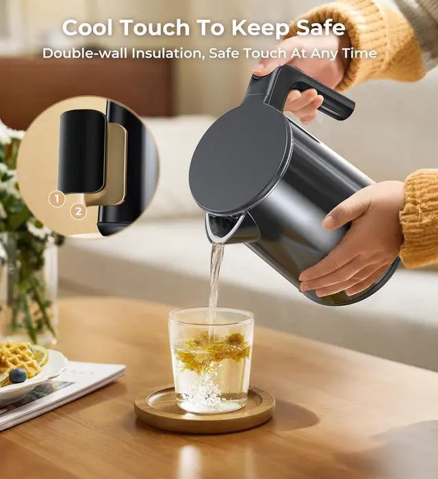 Alt view image 6 of 7 - Electric Kettle, Double Wall Stainless Steel Cool Touch Water Boiler Heater, 7 Temperature Control Teapot, 4H Keep Warm, 1.0L 1200W Fast Heat with Auto Shut-Off, Boil-Dry Proof Coffee Tea Pot, Black
