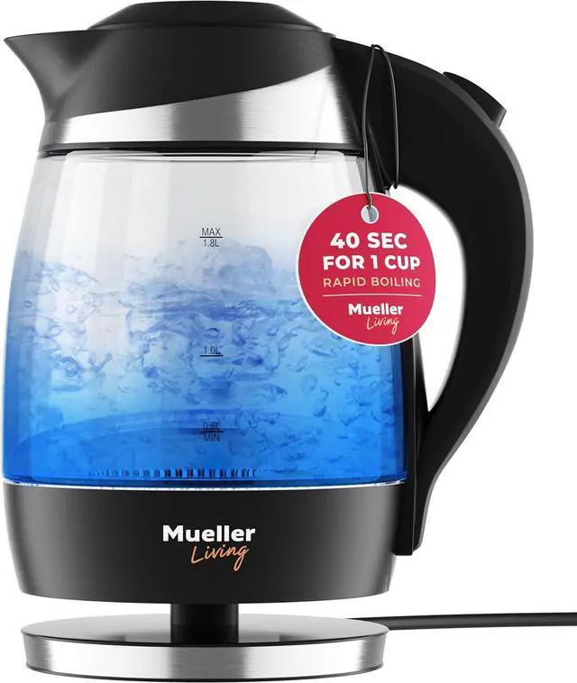 Main image of Mueller Living Electric Kettle, Electric Tea Kettle for Boiling Water, 1500W SpeedBoil with Automatic Shutoff, 1.8L Cordless with LED Light, Borosilicate Glass Tea Kettle Pot Water Heater, BPA Free
