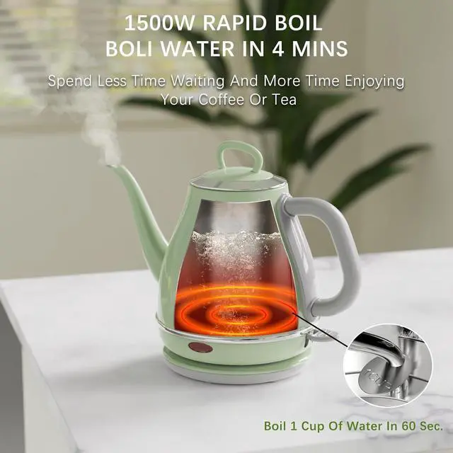 Alt view image 3 of 7 - Electric Gooseneck Kettle, 1L 1500WFast Boil, 100% Stainless Steel BPA Free Pour-Over Coffee & Tea Kettle,Water Boiler with Auto Shut & Boil-Dry Protectio,Green