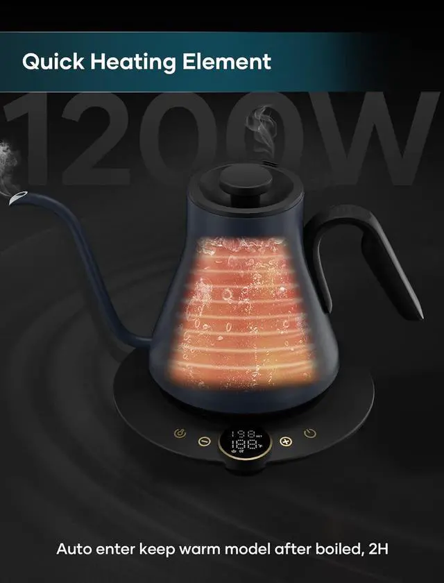 Alt view image 4 of 7 - Electric Kettles, INTASTING Gooseneck Electric Kettle, ±1 Temperature Control, Stainless Steel Inner, Quick Heating, for Pour Over Coffee, Brew Tea, Boil Hot Water, 0.9L (Navy Blue)