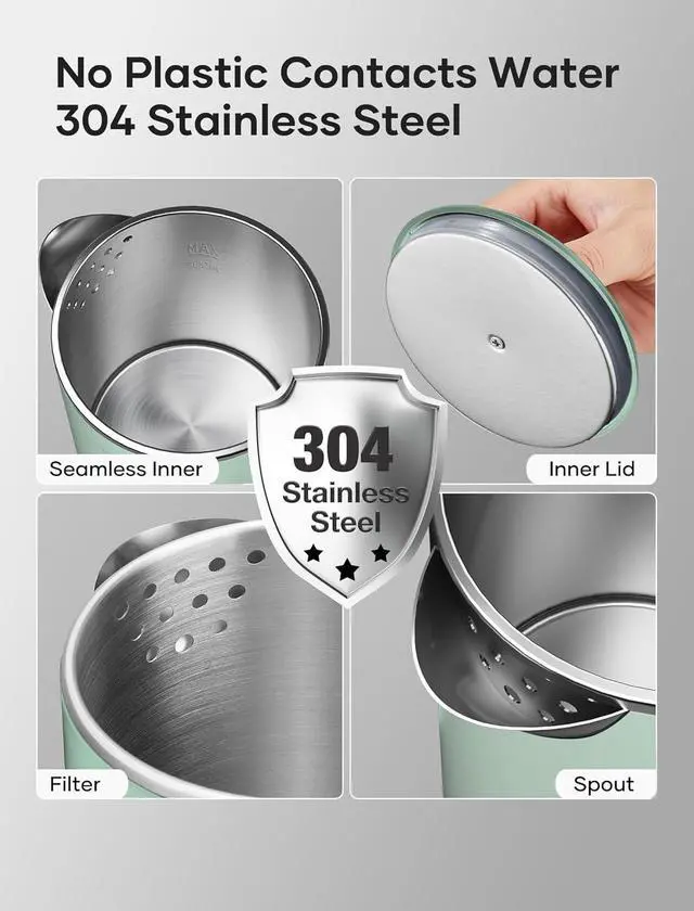 Alt view image 2 of 7 - Sekaer Small Electric Tea Kettle Stainless Steel 0.8L Portable Travel Hot Water Boiler, Mini Electric Coffee Kettle with Auto Shut-Off & Boil Dry Protection, Cordless Base & Green