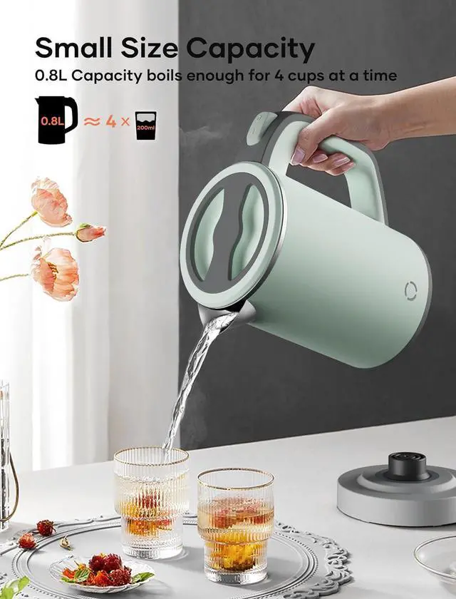 Alt view image 3 of 7 - Sekaer Small Electric Tea Kettle Stainless Steel 0.8L Portable Travel Hot Water Boiler, Mini Electric Coffee Kettle with Auto Shut-Off & Boil Dry Protection, Cordless Base & Green