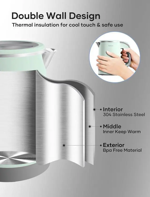 Alt view image 4 of 7 - Sekaer Small Electric Tea Kettle Stainless Steel 0.8L Portable Travel Hot Water Boiler, Mini Electric Coffee Kettle with Auto Shut-Off & Boil Dry Protection, Cordless Base & Green