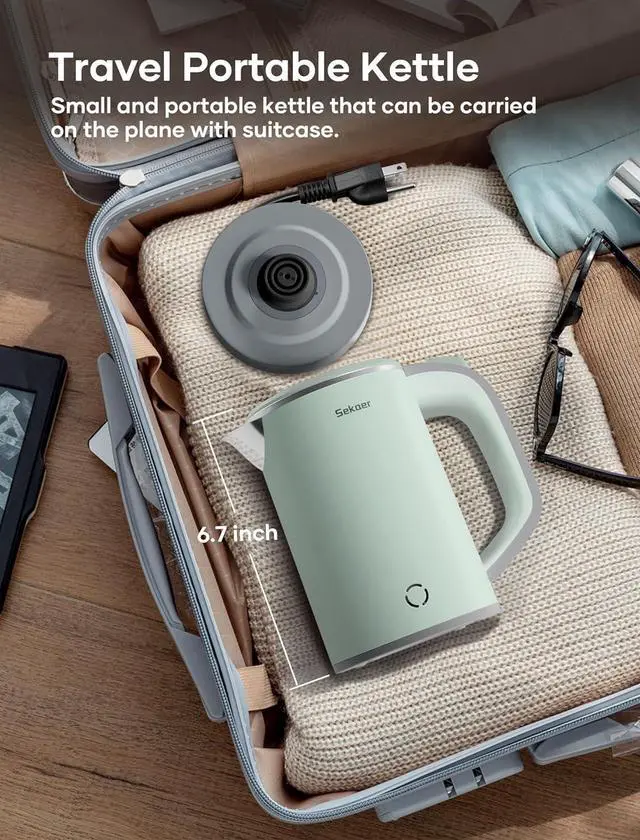 Alt view image 5 of 7 - Sekaer Small Electric Tea Kettle Stainless Steel 0.8L Portable Travel Hot Water Boiler, Mini Electric Coffee Kettle with Auto Shut-Off & Boil Dry Protection, Cordless Base & Green