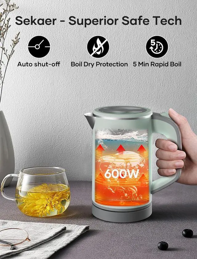 Alt view image 6 of 7 - Sekaer Small Electric Tea Kettle Stainless Steel 0.8L Portable Travel Hot Water Boiler, Mini Electric Coffee Kettle with Auto Shut-Off & Boil Dry Protection, Cordless Base & Green
