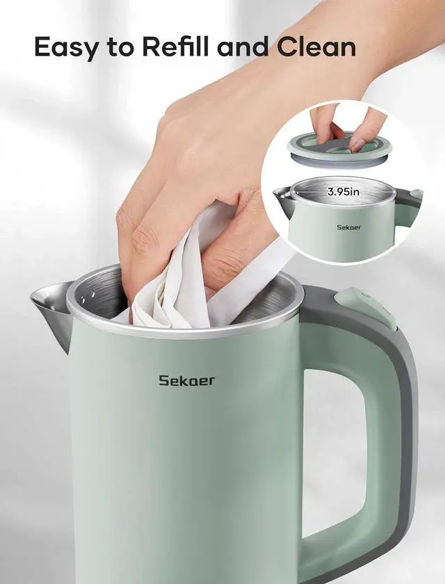 Alt view image 7 of 7 - Sekaer Small Electric Tea Kettle Stainless Steel 0.8L Portable Travel Hot Water Boiler, Mini Electric Coffee Kettle with Auto Shut-Off & Boil Dry Protection, Cordless Base & Green