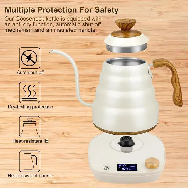 Alt view image 4 of 6 - Electric Kettle Gooseneck, Water Electric Kettle with Intelligent Temperature Control Quick Heating 304 Stainless Steel for Coffee Tea Boil Hot Water 1000W 30oz 900ml(Creamy White)