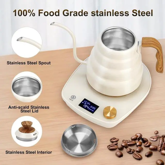 Alt view image 5 of 6 - Electric Kettle Gooseneck, Water Electric Kettle with Intelligent Temperature Control Quick Heating 304 Stainless Steel for Coffee Tea Boil Hot Water 1000W 30oz 900ml(Creamy White)
