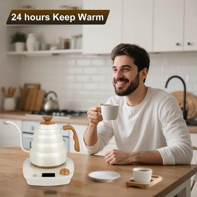 Alt view image 6 of 6 - Electric Kettle Gooseneck, Water Electric Kettle with Intelligent Temperature Control Quick Heating 304 Stainless Steel for Coffee Tea Boil Hot Water 1000W 30oz 900ml(Creamy White)