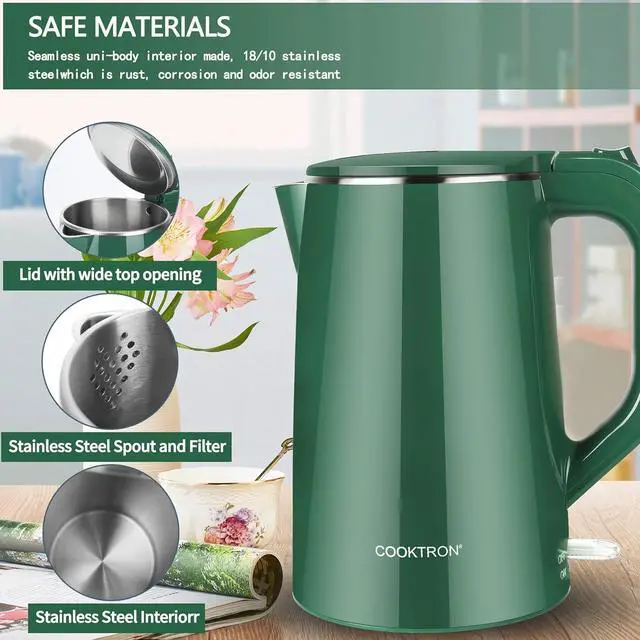 Alt view image 2 of 7 - 1.7L Electric Kettle Quiet, Double Wall Hot Water Boiler BPA-Free, Quiet Boil and Cool Touch Tea Kettle, Cordless with Auto Shut-Off & Boil Dry Protection, 1500W Fast Boiling, dark green
