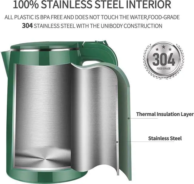Alt view image 3 of 7 - 1.7L Electric Kettle Quiet, Double Wall Hot Water Boiler BPA-Free, Quiet Boil and Cool Touch Tea Kettle, Cordless with Auto Shut-Off & Boil Dry Protection, 1500W Fast Boiling, dark green