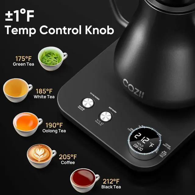 Alt view image 2 of 7 - COZII Gooseneck Electric Kettle, 5 Presets & ±1 Temperature Control 1200W Quick Heating Water Boiler for Coffee/Tea, 24H Keep Warm, Auto Shut Off Pour Over Kettle with 50pcs Coffee Filter,0.9L Black