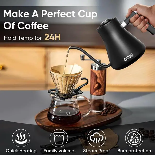 Alt view image 3 of 7 - COZII Gooseneck Electric Kettle, 5 Presets & ±1 Temperature Control 1200W Quick Heating Water Boiler for Coffee/Tea, 24H Keep Warm, Auto Shut Off Pour Over Kettle with 50pcs Coffee Filter,0.9L Black